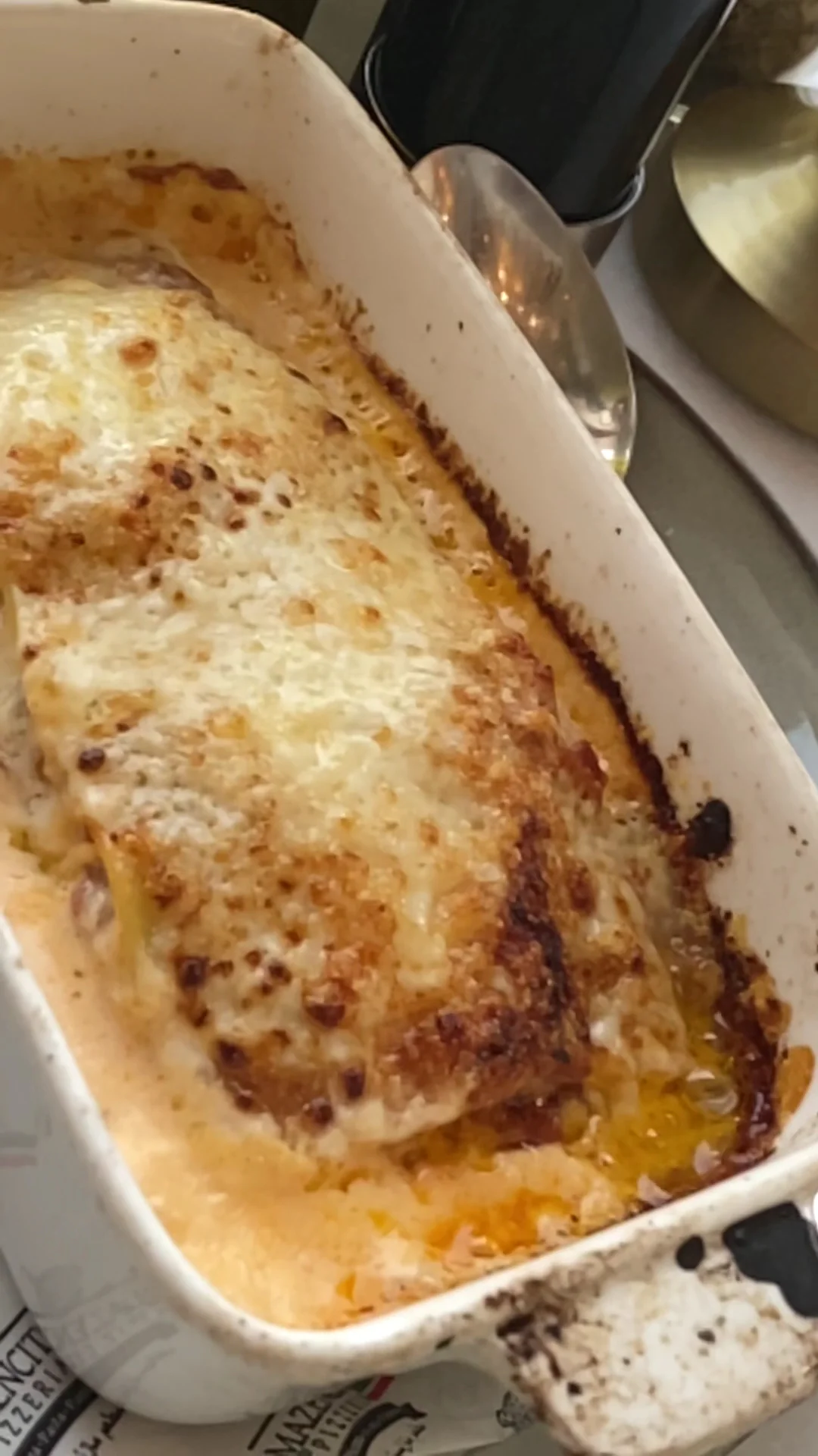 Baked lasagna with a golden bubbling cheese crust